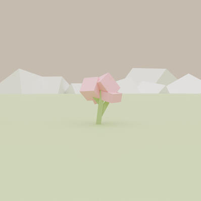 A 3D render of an abstract cherry blossom with equally simple mountains in the background.