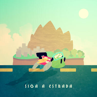 A drawing of a turtle mixed with a racing car — presenting wheel limbs, a paper written 45 on its side and shiny goggles. On the bottom part, there's text that read "follow the road" written in brazilian Portuguese.