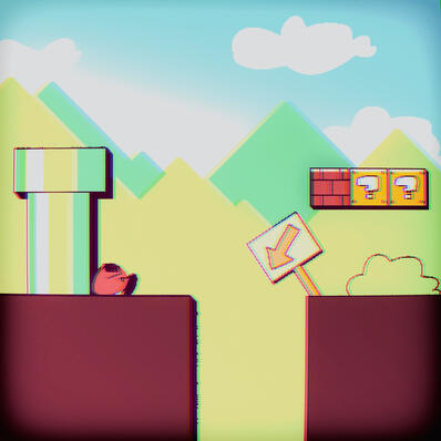 A drawing depicting the Super Mario universe. There's a pipe with a goomba resting on it, a sign pointing at a precipice and some item blocks. The sky is bright and mountains can be seen in the background.