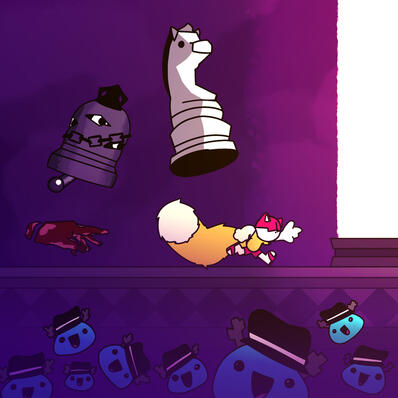 A drawing of a teen kemonomimi being followed by multiple weird entities: A giant horse chess piece, a bell with eyes inside of it, a floating fleshy hand and multiple blue blobs with hats multiplying themselves.